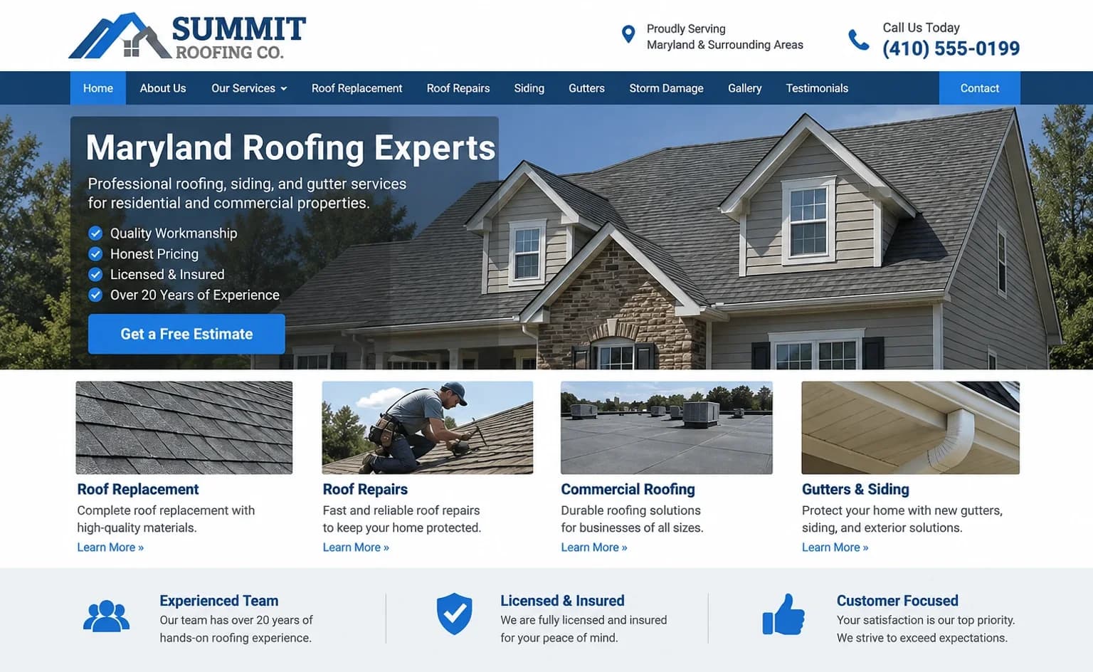 Before: Summit Roofing Co.'s original homepage — a stock blue template with a crowded navigation bar, a boxed headline over a generic house photo and a checklist of claims.